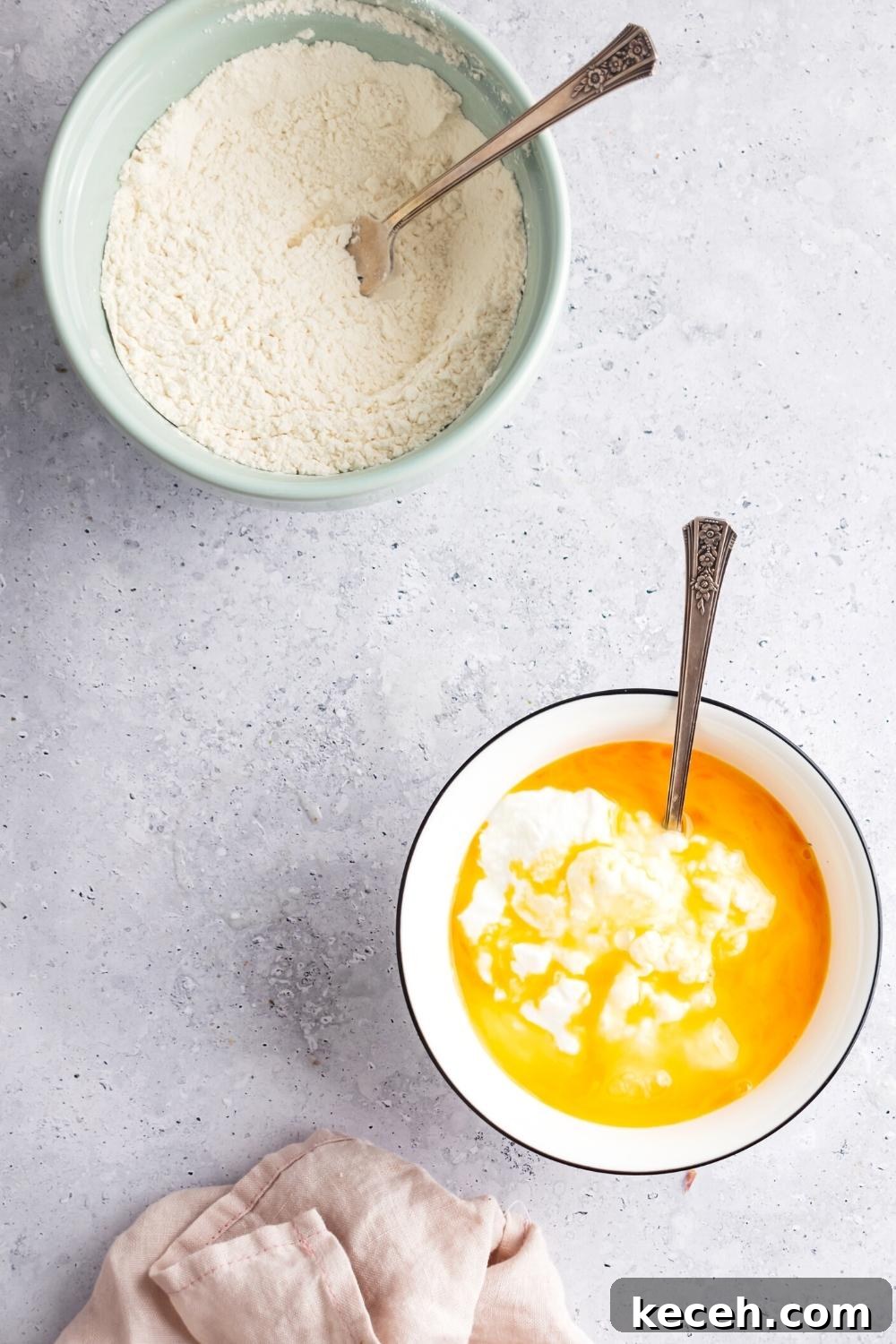 A bowl of whisked egg with a bowl of flour behind it both on a white counter.
