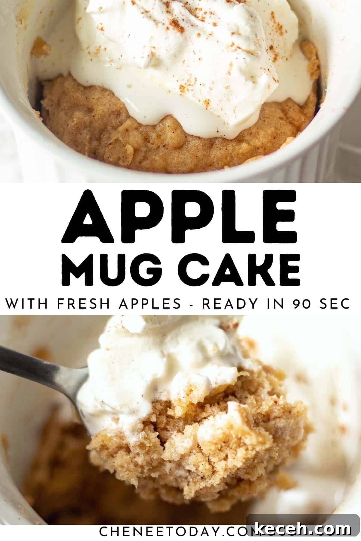 Quick Microwave Apple Mug Cake Recipe for One 8 pin for apple mug cake showing apple mug cake with a spoonful taken out