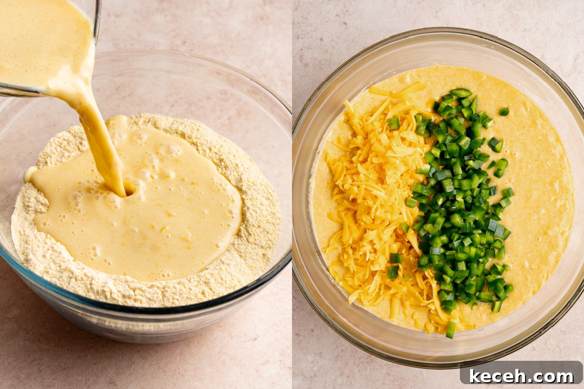 Spicy Jalapeño Cheddar Cornbread Recipe 4 Pouring the wet ingredients into a bowl with the dry ingredients, then adding the cheese and jalapenos before mixing everything together.