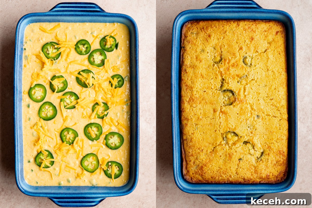 Spicy Jalapeño Cheddar Cornbread Recipe 5 The cornbread batter in a 13x9-inch baking dish before and after baking in the oven.