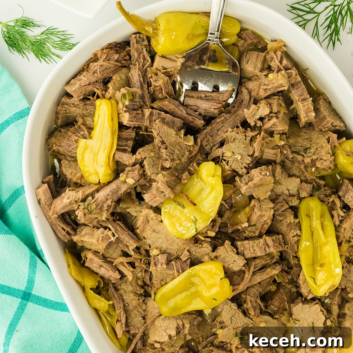 Mississippi Pot Roast served in white casserole.