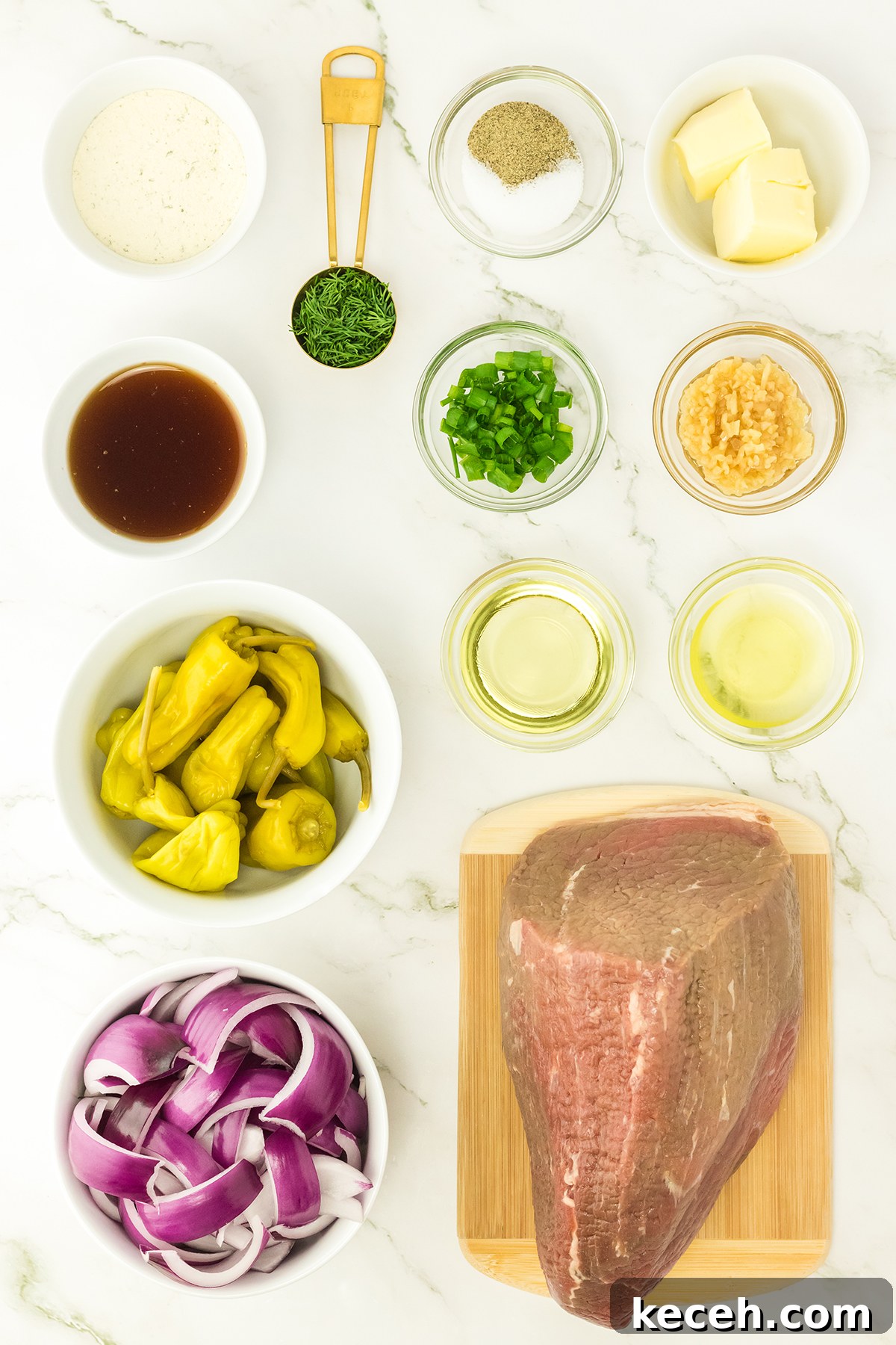 Pot Roast Ingredients on marble counter.
