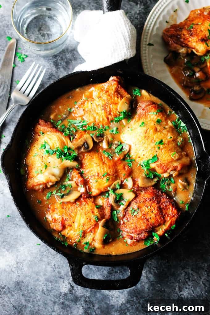 Chicken Chasseur or Hunter's Chicken is one of the most popular French chicken recipes. It contains simple ingredients like bone-in chicken, mushrooms, tomatoes, wine, and herbs. It's very easy to make and looks as amazing as it tastes. Serve it to your guests or family, tell them that it's Chicken Chasseur and you'll impress everybody. But once they've actually sunken their teeth into it, I guarantee they'll be speechless (that happened in my house). How does that sound? Overhead shot of French chicken chasseur in black skillet with water behind