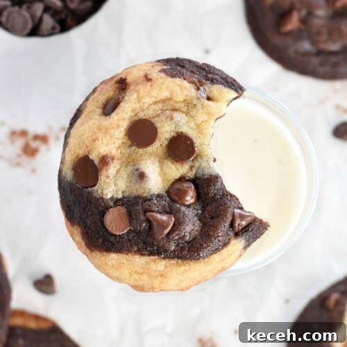 marble cookie with bite out missing on glass of milk.