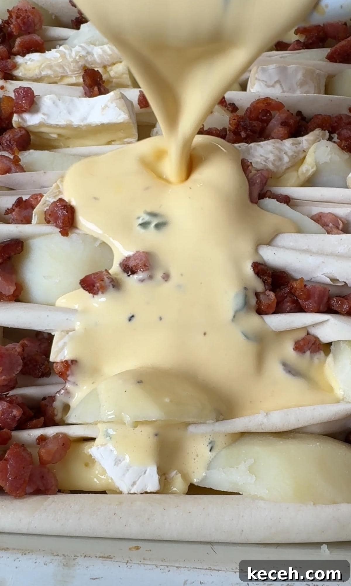 Crispy Filo Potato Tart with Brie and Pancetta 7 Pouring custard