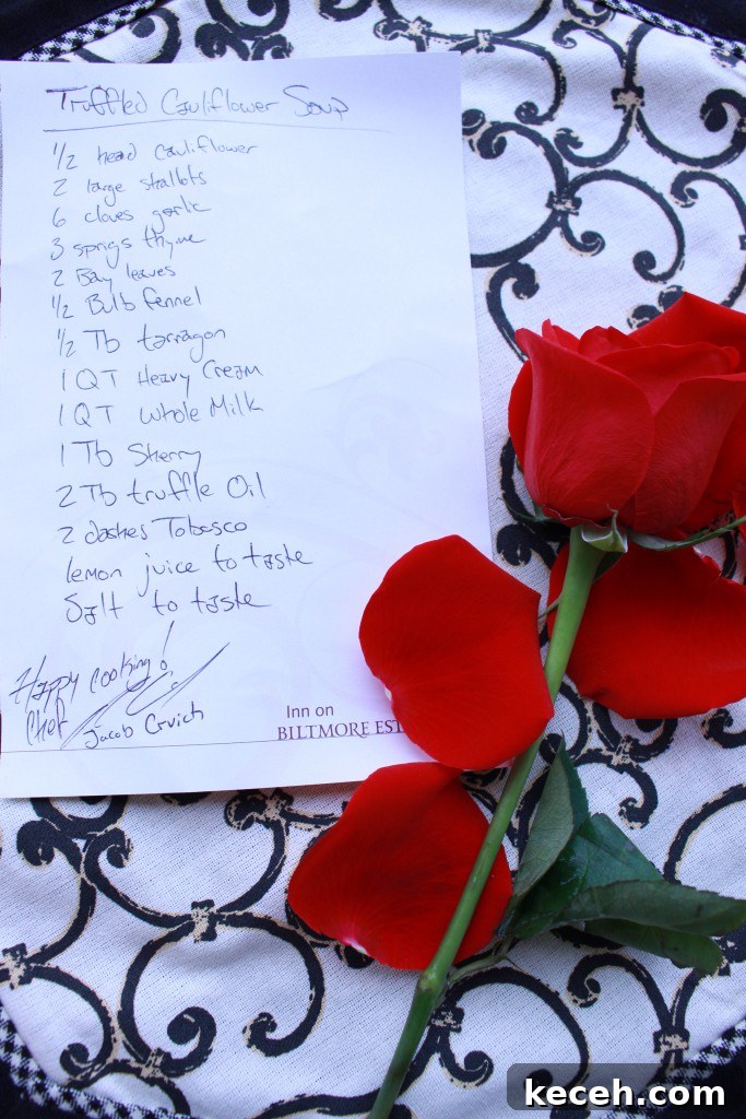 Creamy Truffled Cauliflower Soup Recipe for Gourmet Flavor 3 A close up of a rose with a handwritten recipe.