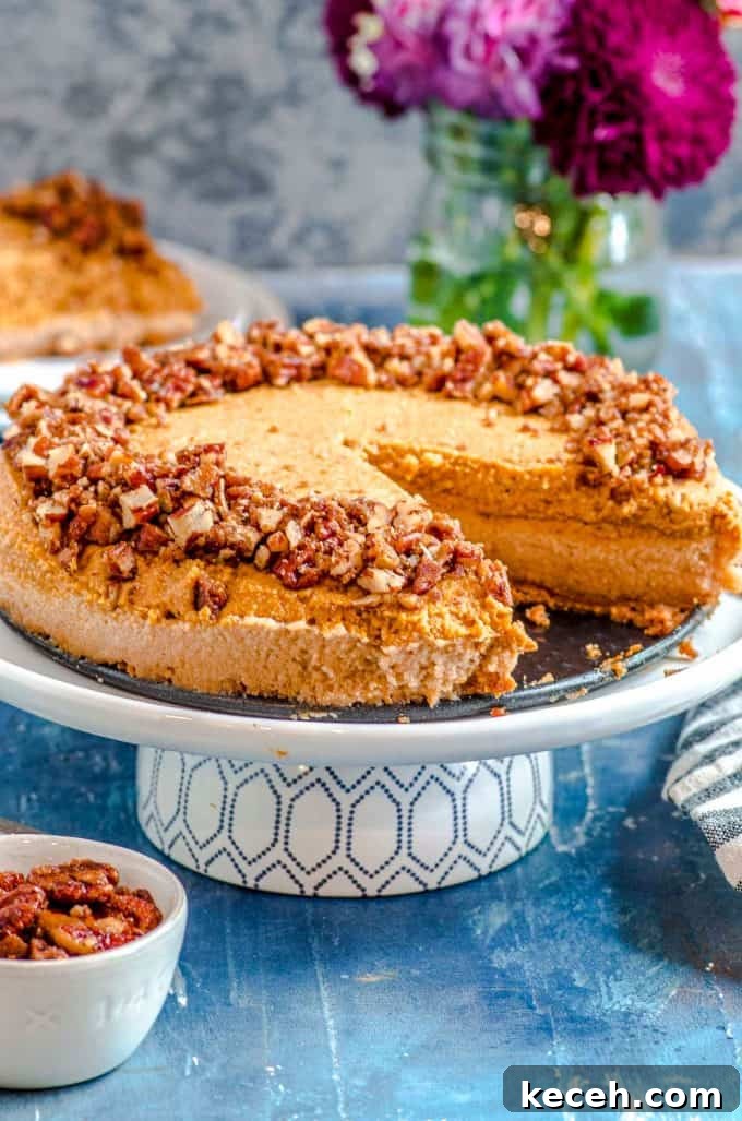 Vegan Pumpkin Cheesecake with Candied Pecans — Holiday Dessert Recipe 2 Vegan cheesecake with pumpkin mousse on a cake stand with a slice taken out