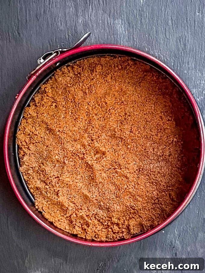 Vegan Pumpkin Cheesecake with Candied Pecans — Holiday Dessert Recipe 5 an overhead view of pressed crust in a springform pan