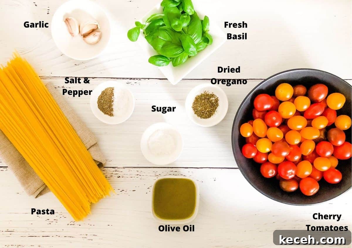 Roasted Cherry Tomato Pasta with Garlic and Basil 3 Ingredients used in recipe on white background.