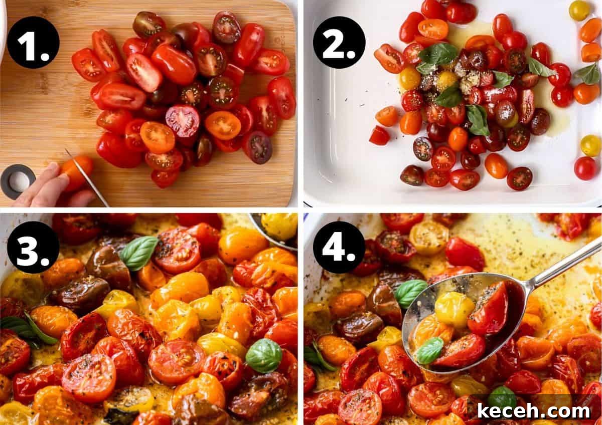 Roasted Cherry Tomato Pasta with Garlic and Basil 4 Process shots to make recipe.
