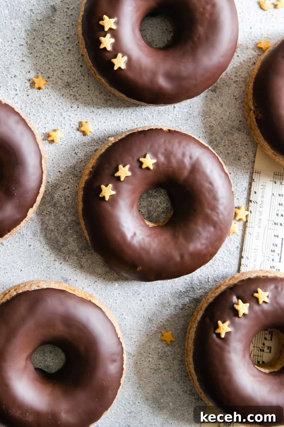 Baked Donuts with Rich Chocolate Glaze Recipe 8 an overhead close-up of baked doughnuts with chocolate glaze