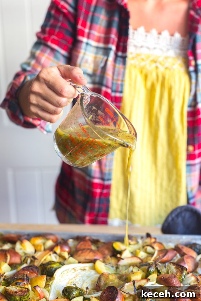 Sausage, Apple & Veggie Sheet Pan Dinner Recipe 8 mustard vinaigrette pour
