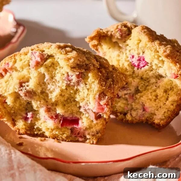 Tangy Rhubarb Muffins with Crunchy Streusel Topping 11 Rhubarb muffin split in half showing red pieces of rhubarb inside.