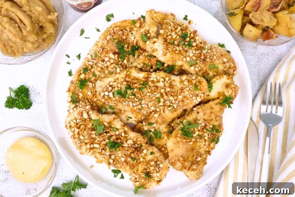 overhead view of pretzel crusted chicken on a plate with honey mustard dipping sauce
