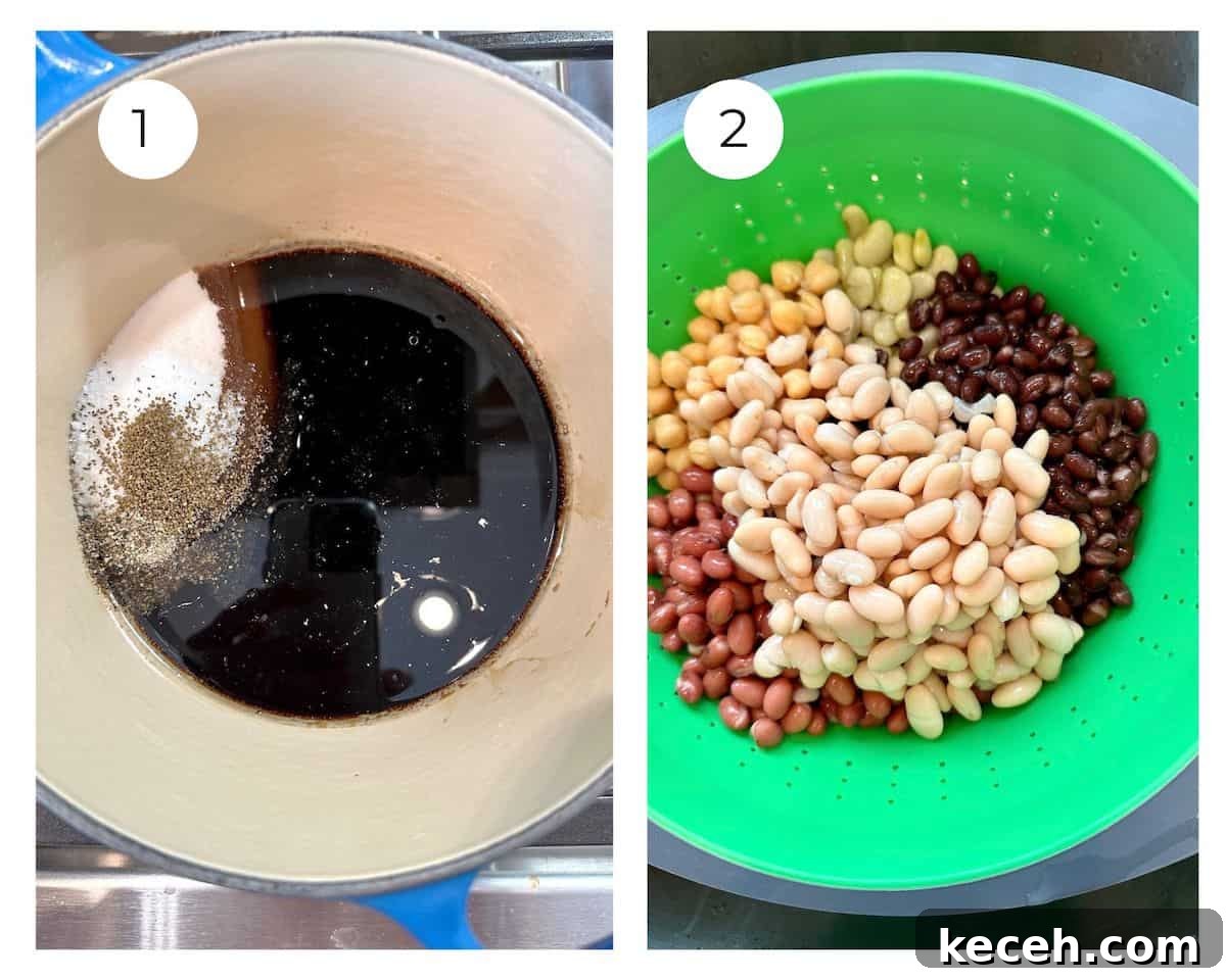 Zesty Mixed Bean Salad with Lemon Herb Dressing 5 A saucepan with balsamic vinegar, sugar and spices on the stove, next to a photo of the beans draining in a strainer over the sink.