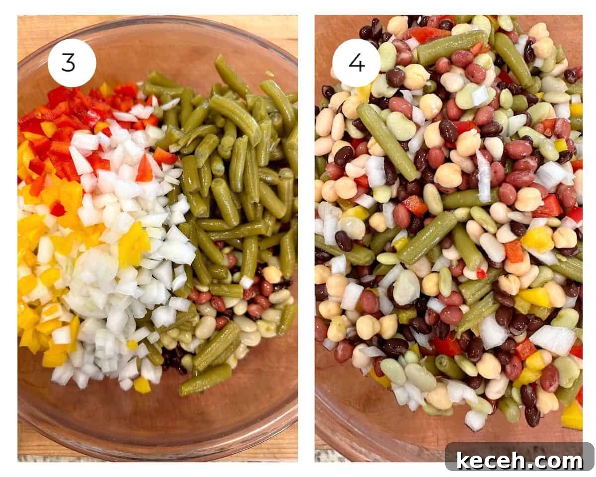 Zesty Mixed Bean Salad with Lemon Herb Dressing 6 A bowl of diced onions and peppers on top of the beans in a bowl, next to a bowl with all the ingredients blended.