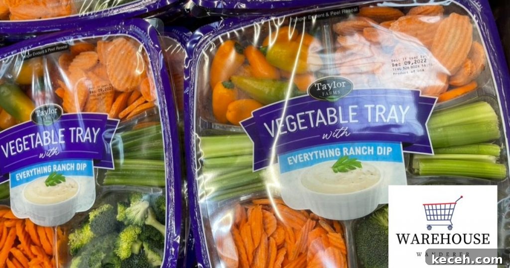 Costco vegetable tray with broccoli, carrots, peppers, and dip