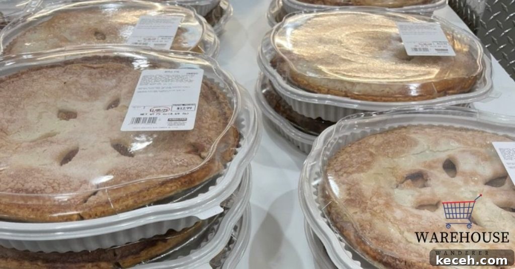 Costco apple pie with golden crust displayed