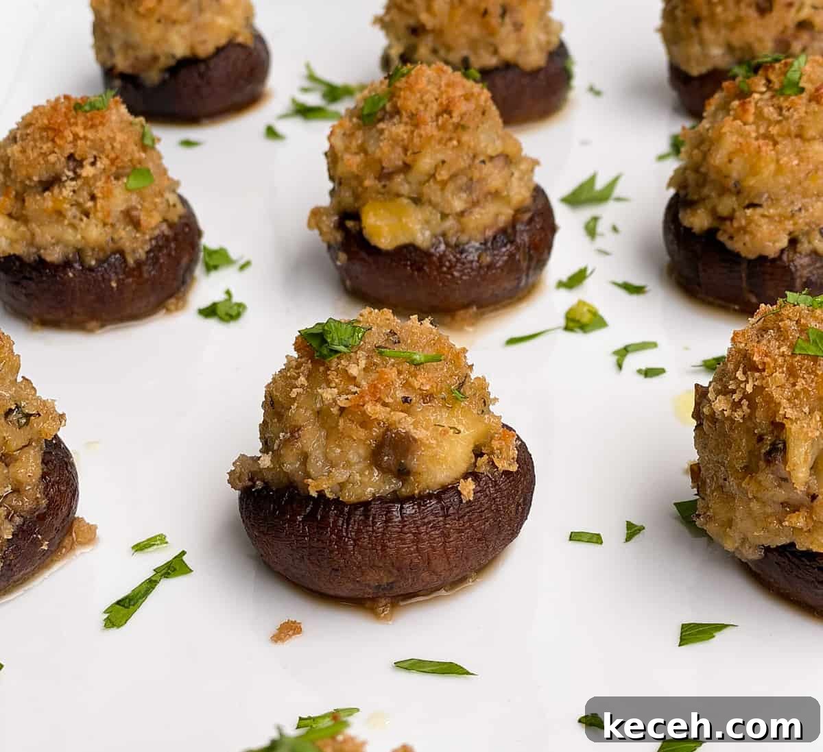 Olive Garden Clam-Stuffed Mushrooms Recipe: Copycat Appetizer 2 Mini Italian mushrooms stuffed with breadcrumbs clams and seasoning on a white plate.
