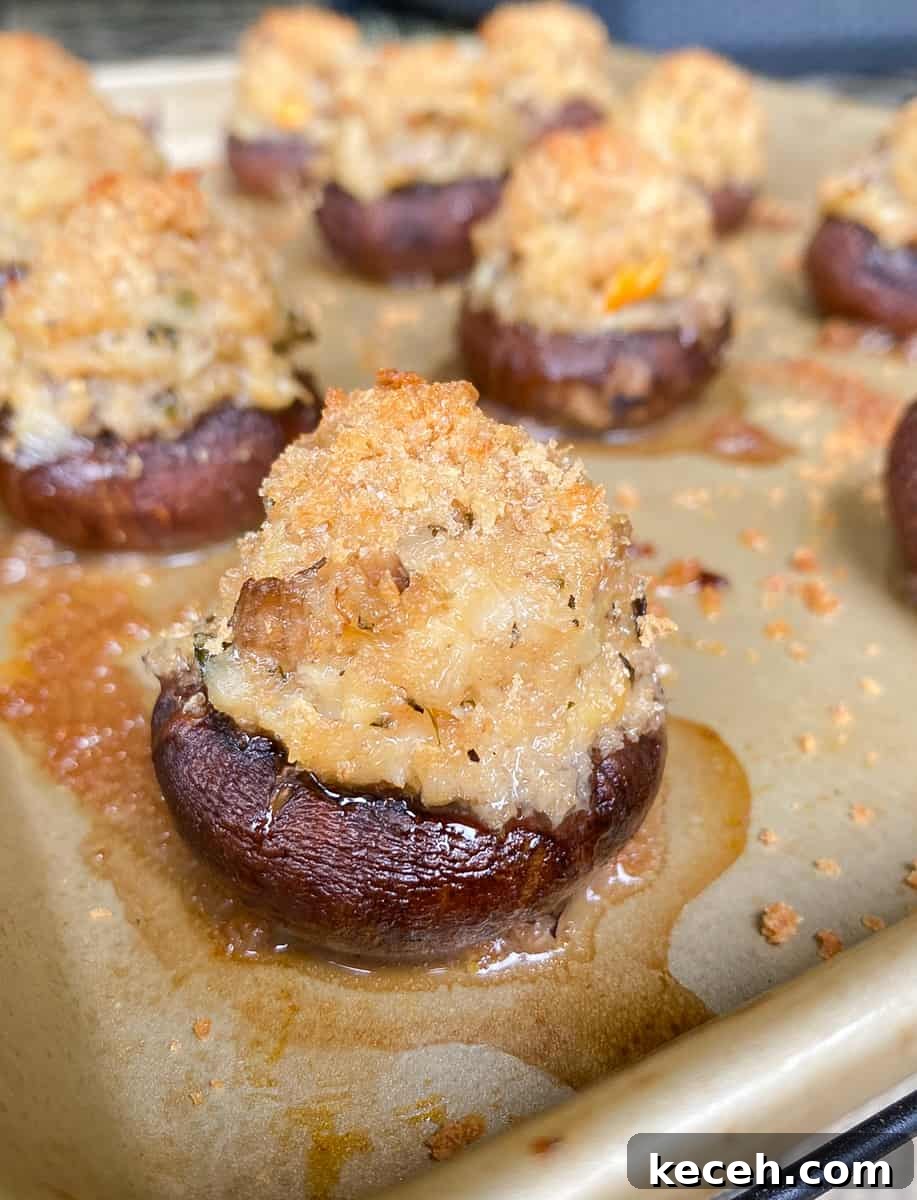 Olive Garden Clam-Stuffed Mushrooms Recipe: Copycat Appetizer 6 Stuffed clam mushrooms on a baking sheet with crispy panko breading.