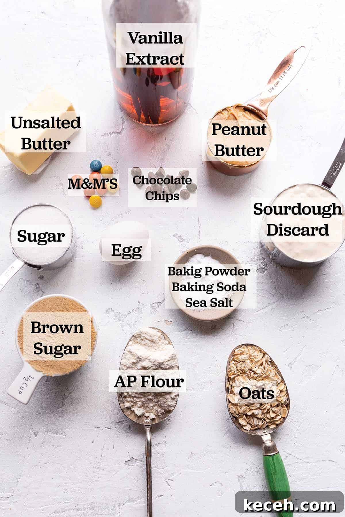 Ingredients measured out to make sourdough monster cookies. 