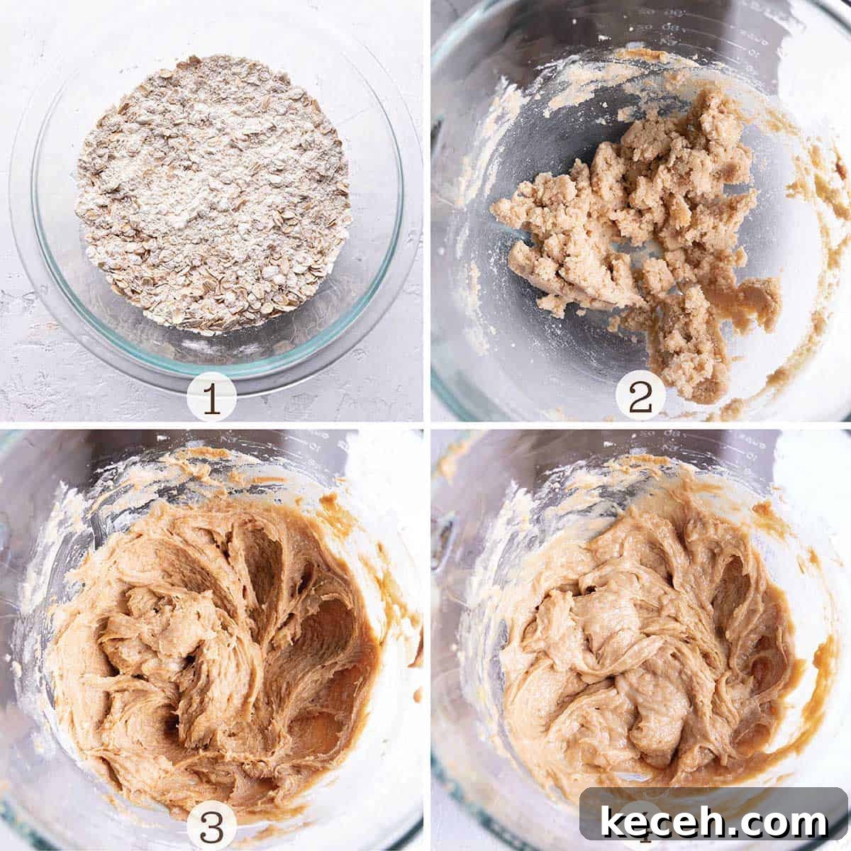 A glass bowl with a flour and oat mix and then a stand mixer with a cookie batter. 