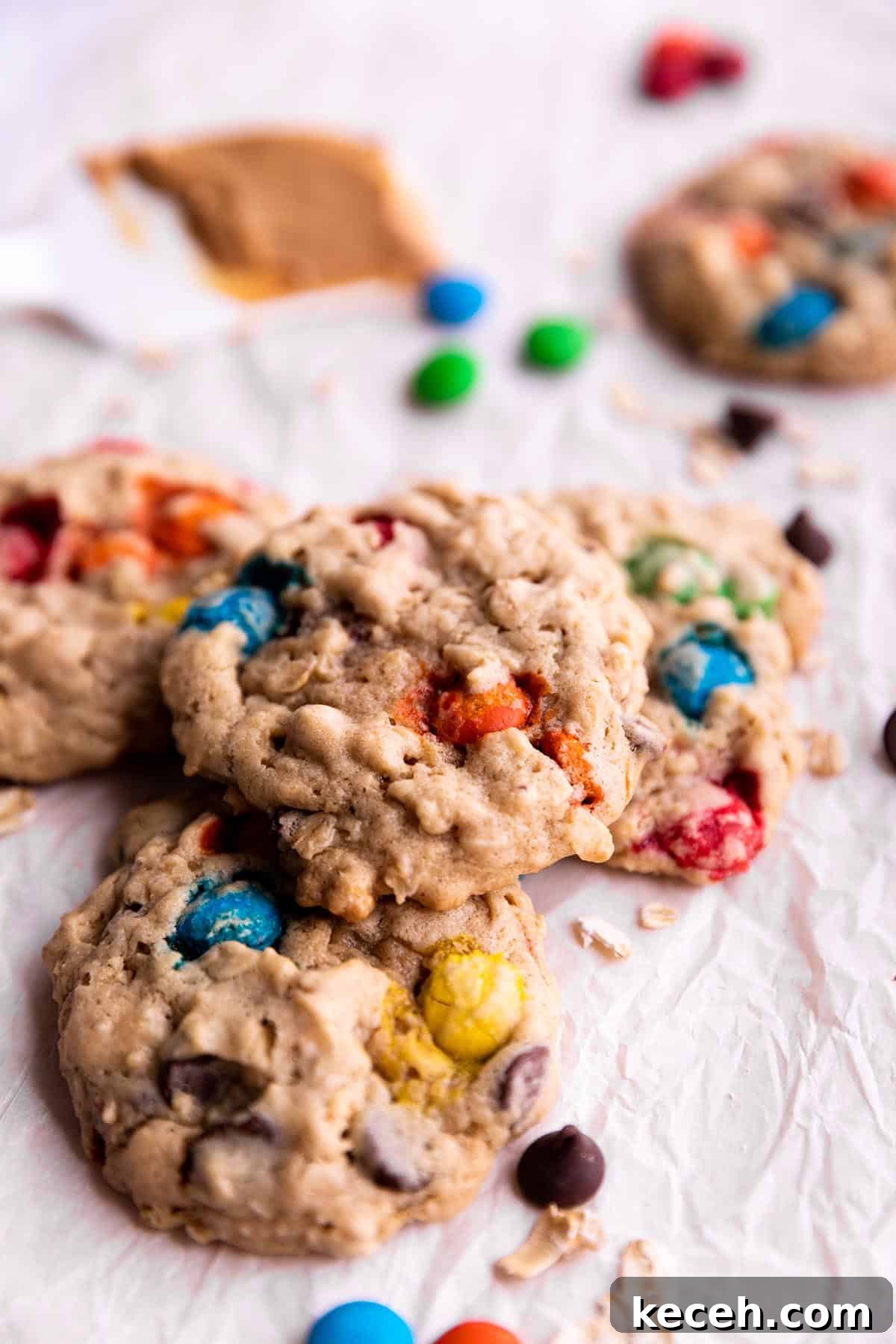 Cookies stacked on each other with M&M's, Oatmeal and a spatula with peanut butter.