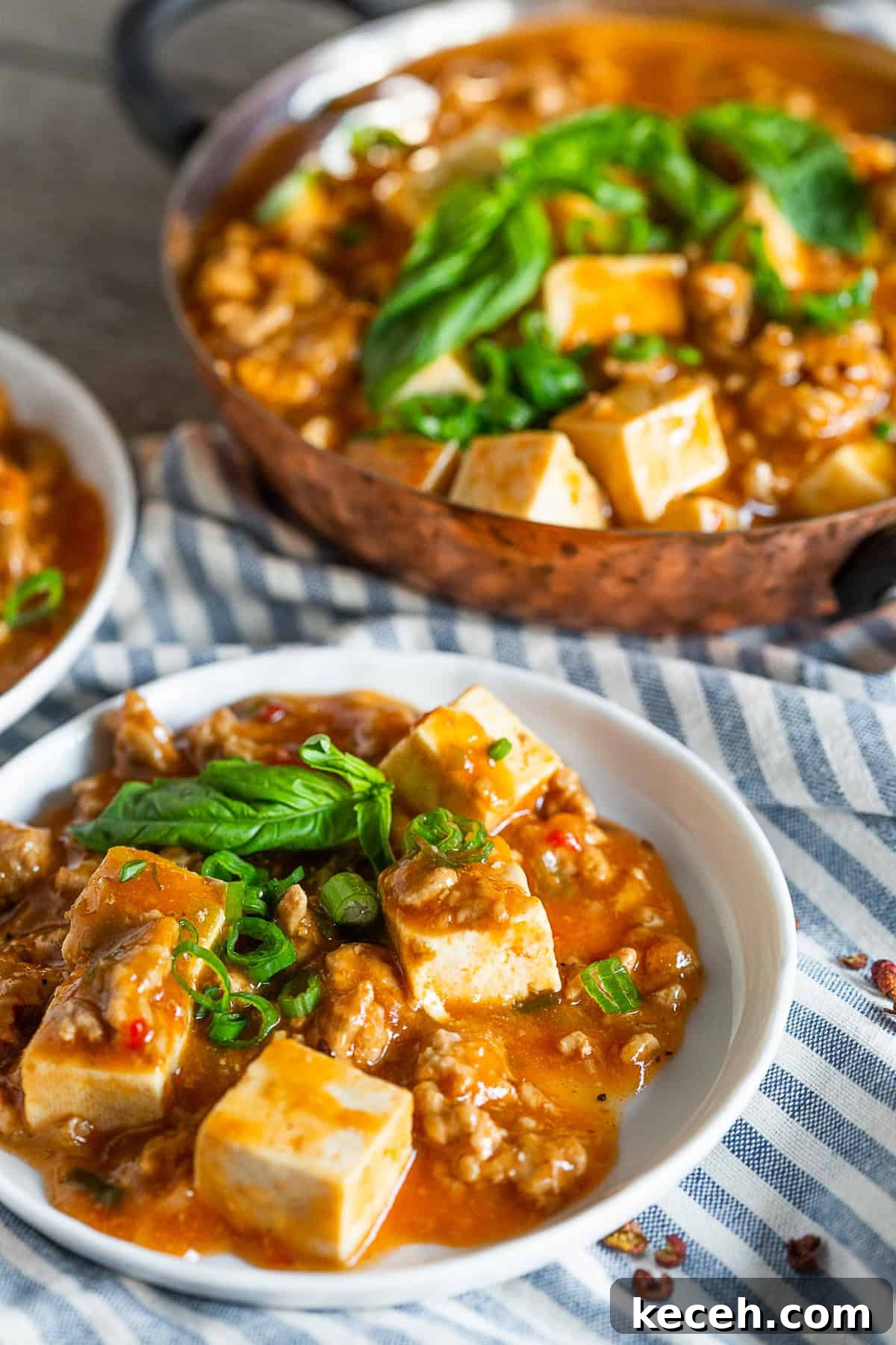 Spicy Ground Pork Mapo Tofu Recipe for Weeknight Dinners 5 Ground Pork Mapo Tofu topped with fresh basil and green onions.