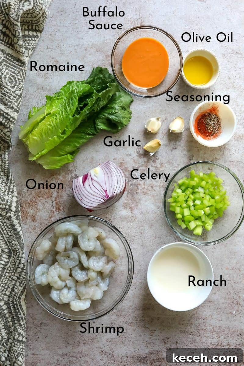 Spicy Buffalo Shrimp Lettuce Cups Recipe for Game Day 3 Buffalo Shrimp Ingredients on a counter in bowls.