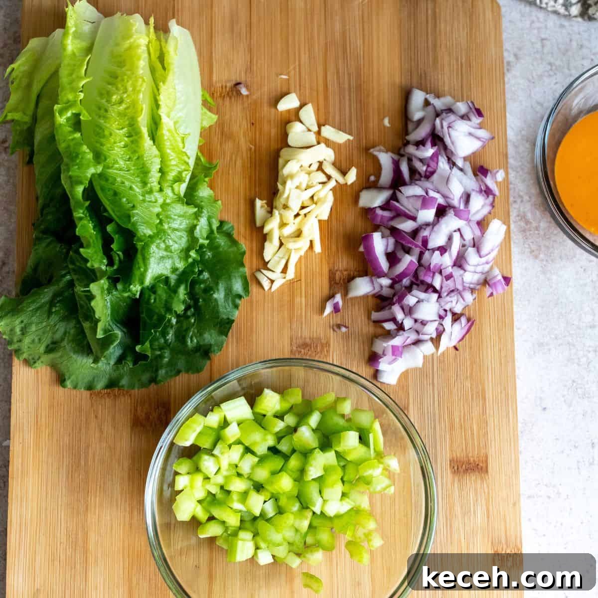 Spicy Buffalo Shrimp Lettuce Cups Recipe for Game Day 4 steps with chopped veggies on a cutting board.
