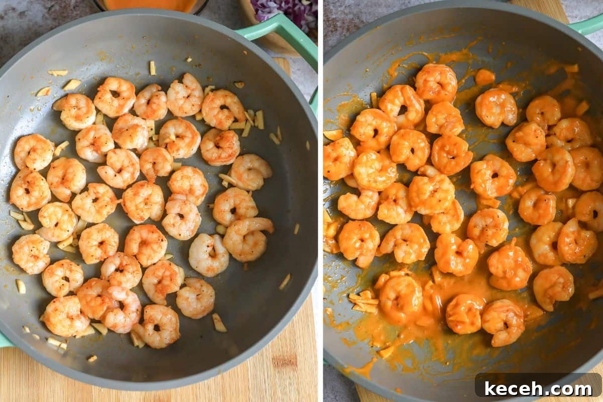 Spicy Buffalo Shrimp Lettuce Cups Recipe for Game Day 5 shrimp in a skillet with sauce.