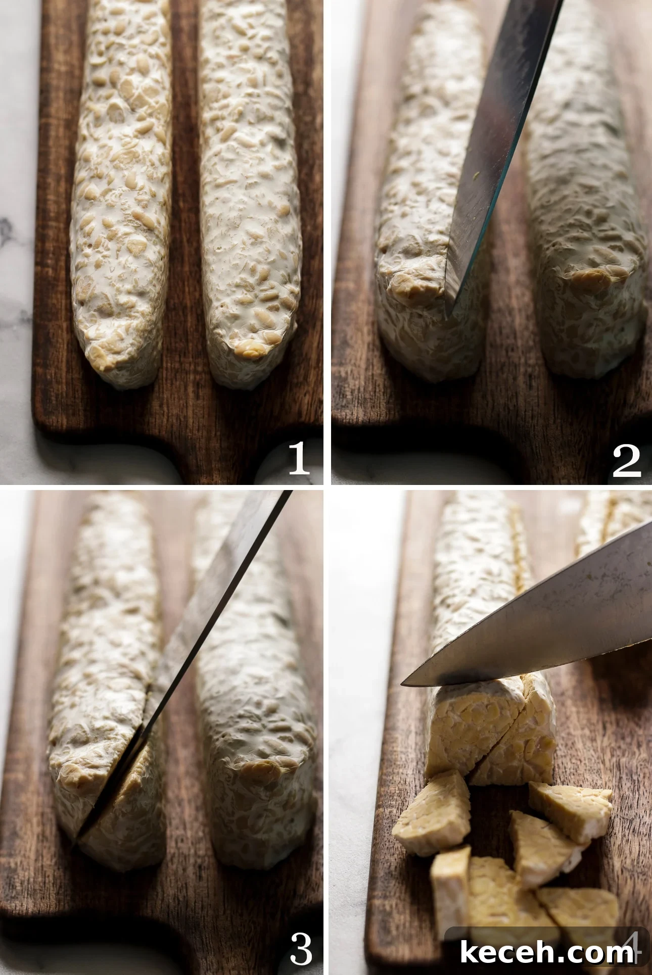 How to Cook Tempeh: Simple Techniques for Flavorful Results 4 How to Cut Tempeh in Triangles Collage of Four Pictures