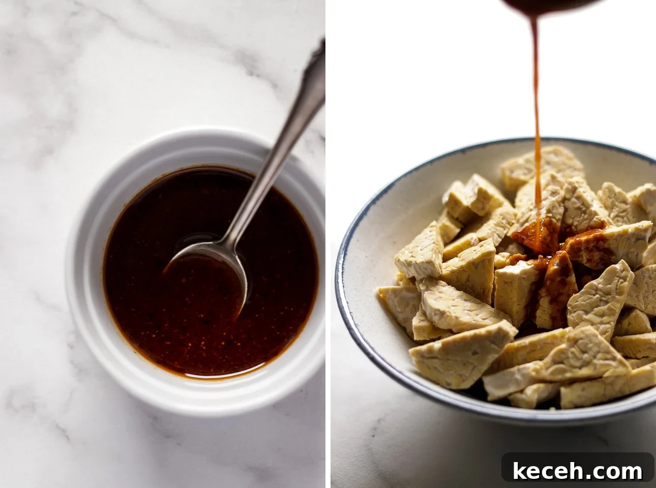 How to Cook Tempeh: Simple Techniques for Flavorful Results 5 A Bowl of Smoky Marinade and Marinade Being Poured Over Cut Tempeh Collage