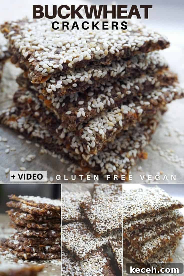 Healthy Buckwheat Crackers / Chips – gluten free vegan snack + video. Learn how to make crunchy, flavorful, homemade buckwheat crackers with buckwheat groats, sweet potatoes, flax seeds and sesame seeds. These baked vegan gluten free crackers are great to be enjoyed as snack on their own or with a warm bowl of soup. #buckwheat #veganglutenfree #crackers #healthycrackers #homemadecrackers