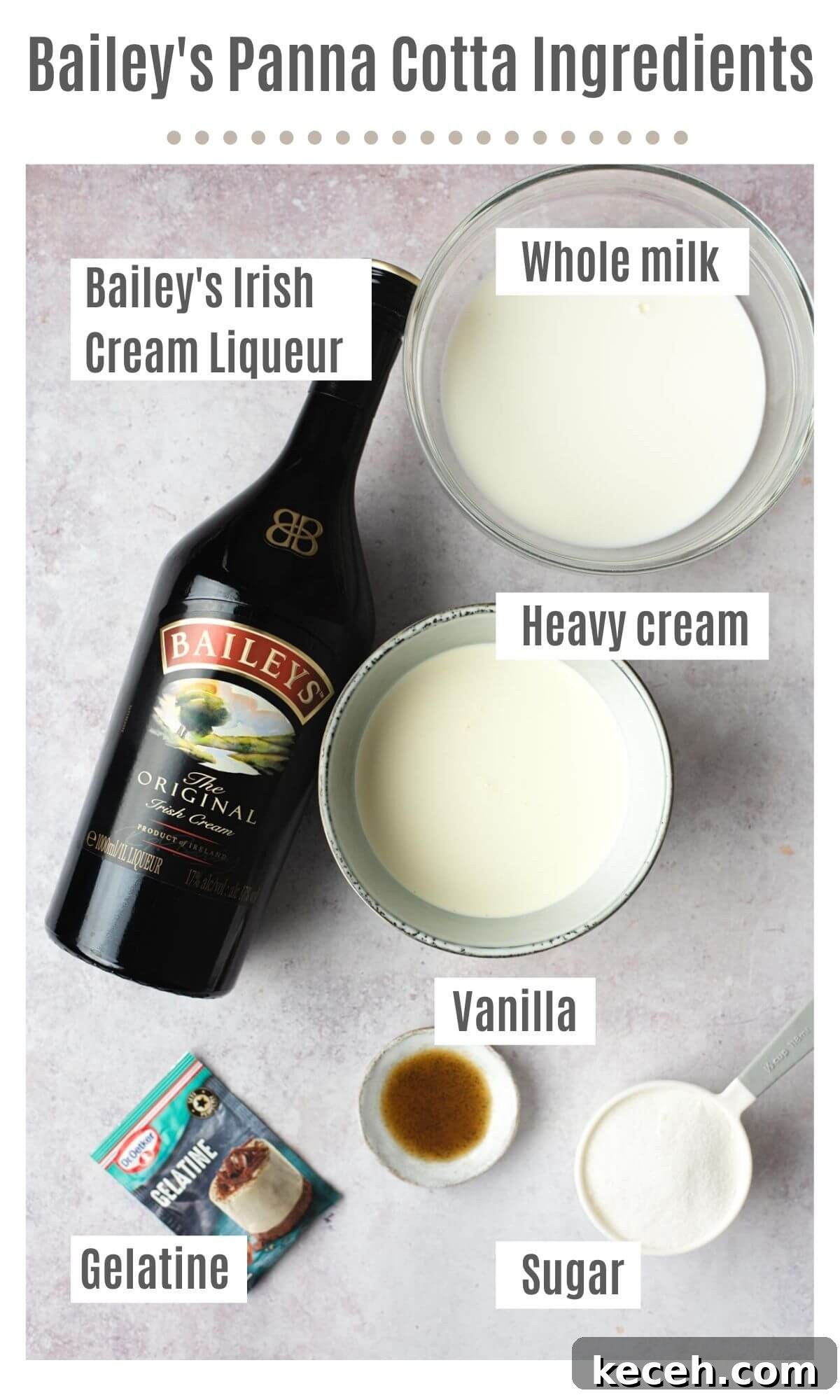 Bailey’s Liqueur Panna Cotta Recipe: Silky Boozy Dessert 3 An overhead shot of all the ingredients you need to make a Bailey's panna cotta
