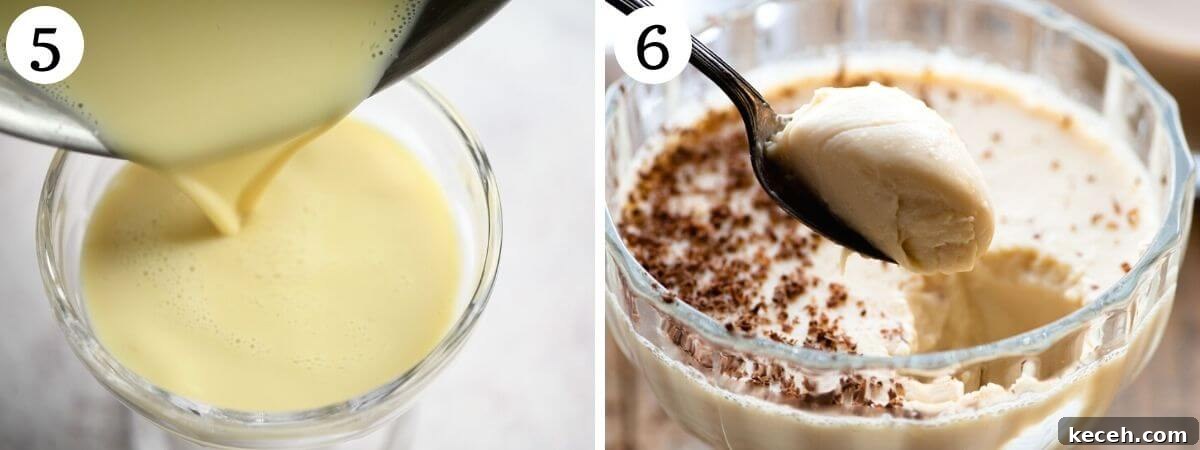 Bailey’s Liqueur Panna Cotta Recipe: Silky Boozy Dessert 5 Two photos showing before and after a panna cotta has set