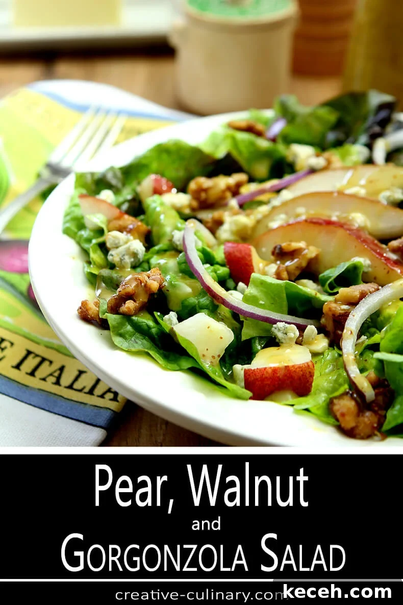 Pear, Walnut & Gorgonzola Salad with Maple-Dijon Vinaigrette 5 Salad with Greens, Pear, Walnuts, and Gorgonzola Cheese in White Salad Bowl