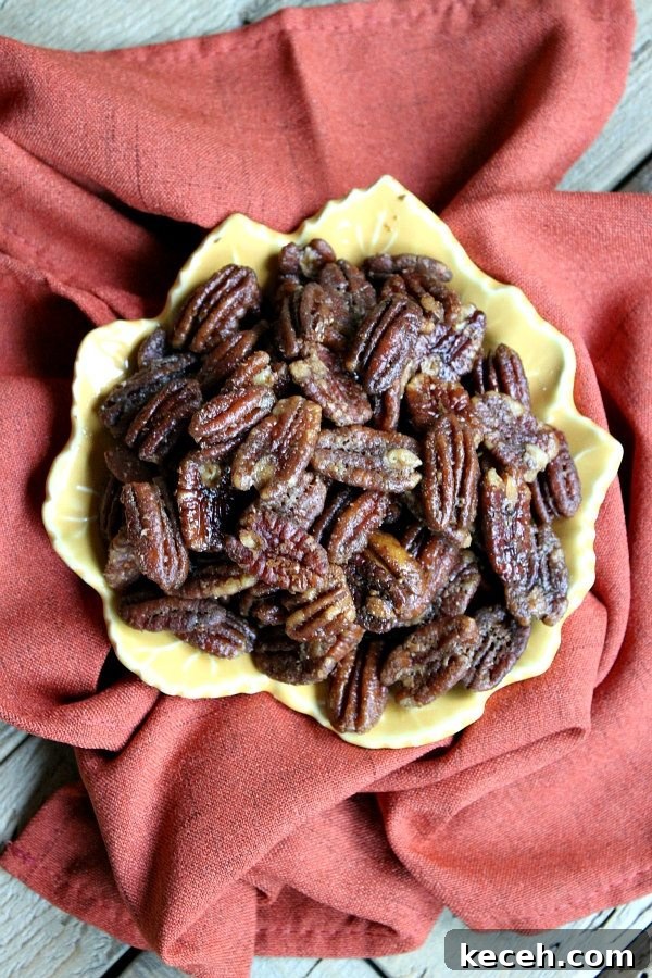 Roasted Blue Cheese Pecans recipe from RecipeGirl.com bowl of roasted blue cheese pecans