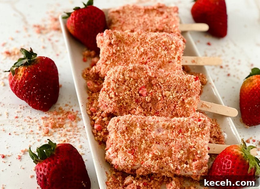 homemade strawberry crunch ice cream bars arranged in a row on a white serving platter