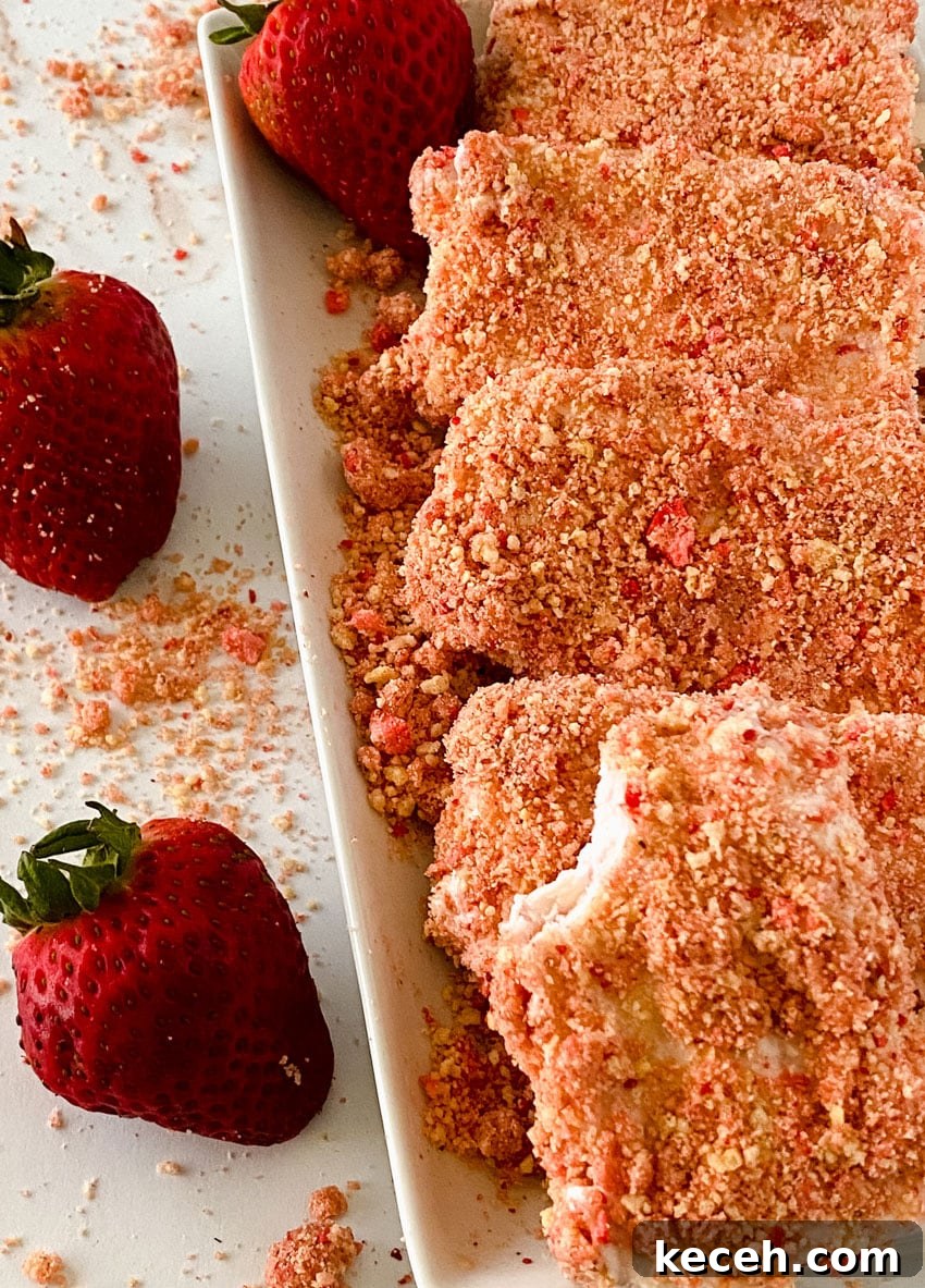 homemade strawberry ice cream popsicles laying on strawberry crunch topping on a white platter
