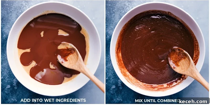 Adding melted chocolate Adding the melted chocolate to the mixture