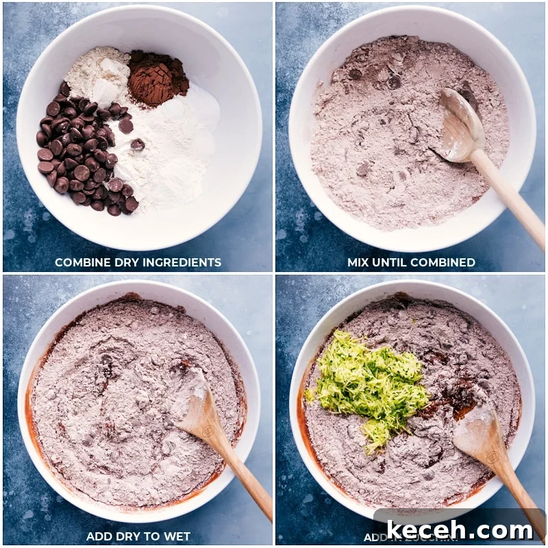 Adding dry ingredients and zucchini Process shots-- adding the dry ingredients to the wet; mixing it all; adding the zucchini