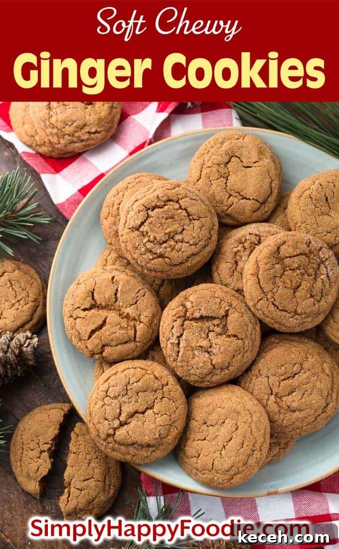 Soft Chewy Ginger Cookies on grey plate as well as title and Simply Happy Foodie.com logo