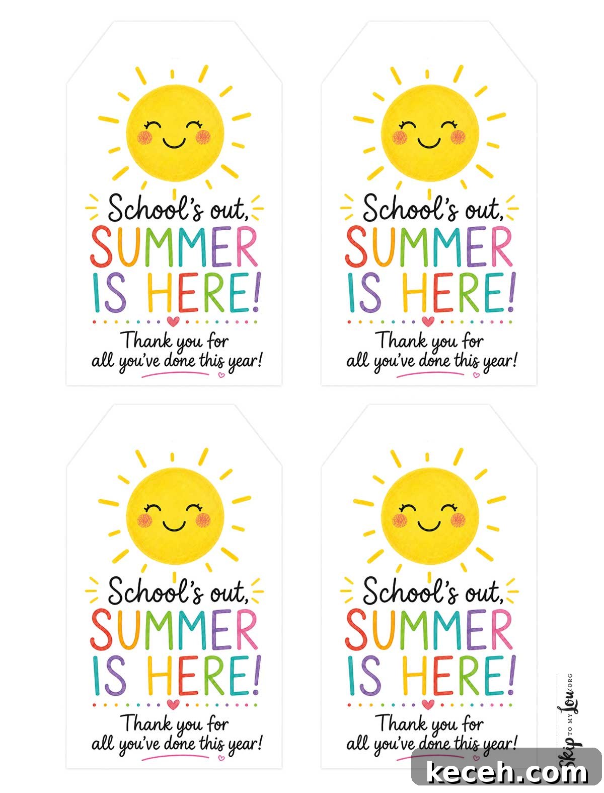 school is out summer is here tag with cute sun and rainbow lettering