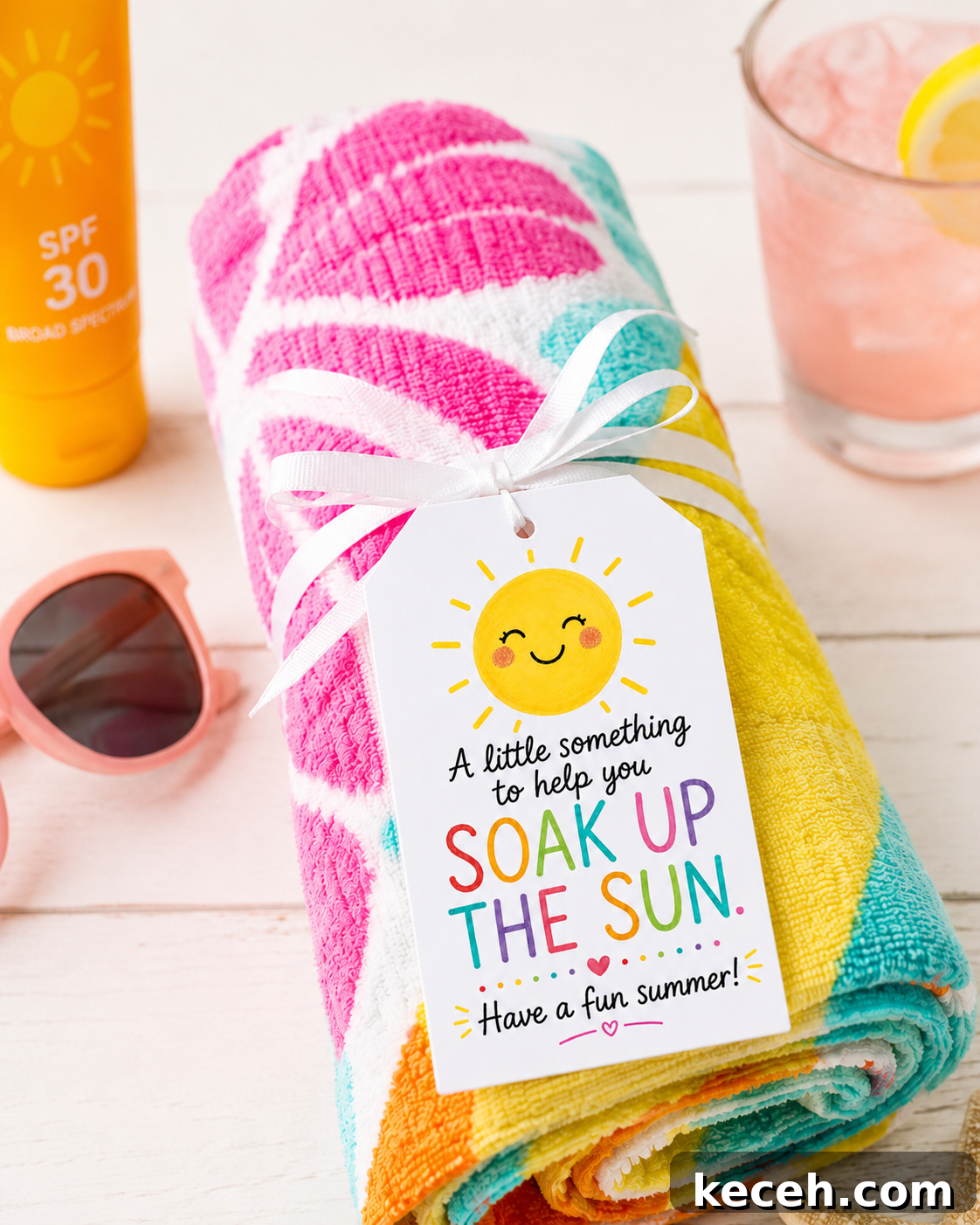 rolled up beach towel with cute printed “Soak Up the Sun” teacher gift tag