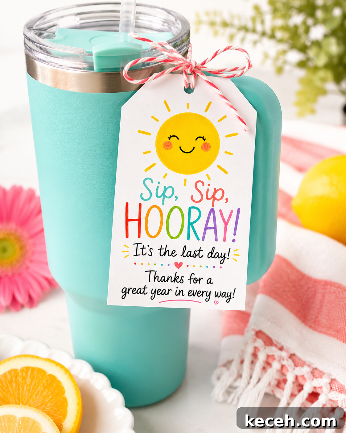 stanley cup with sip sip hooray tag tied to the handle for end of year teacher gift