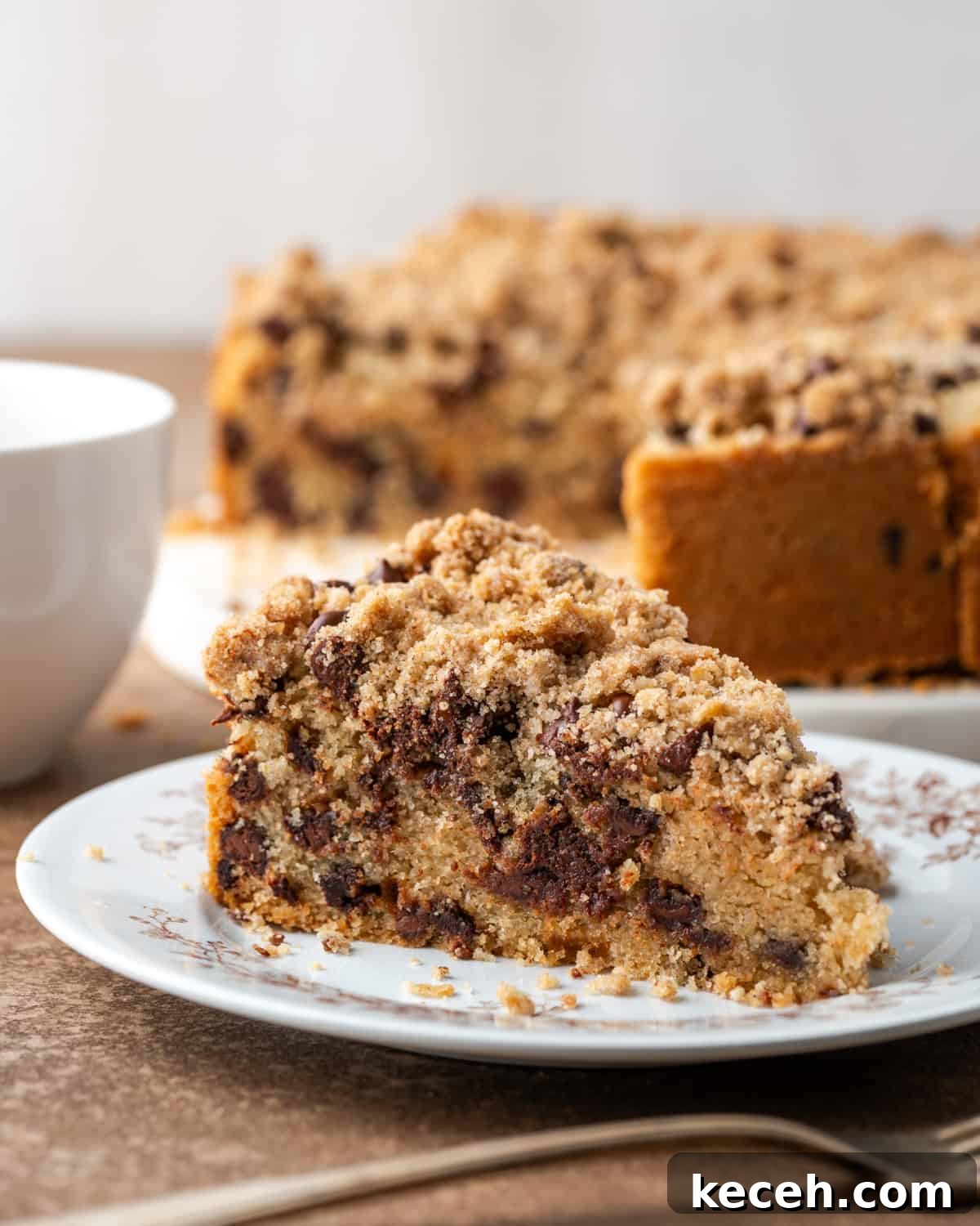 A slice of chocolate chip coffee cake served on a white plate.