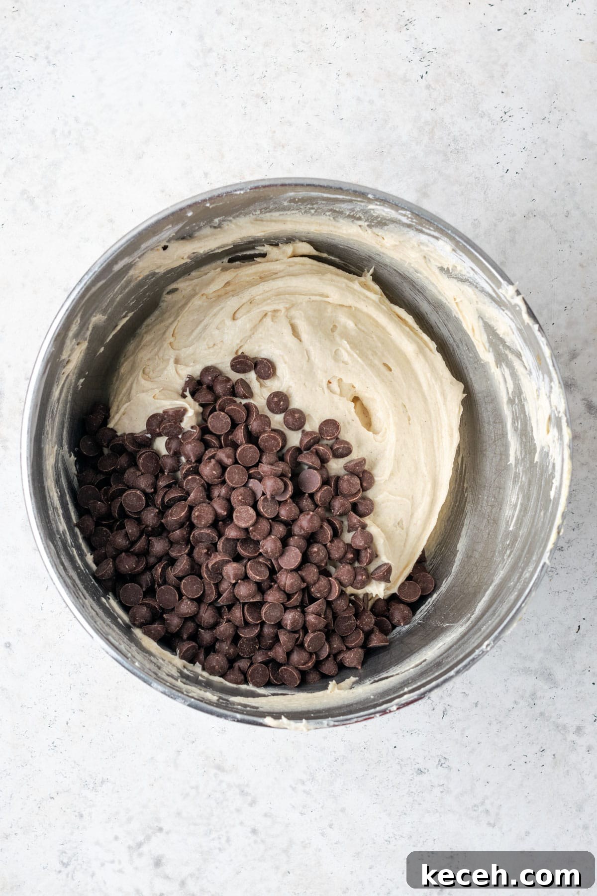 Chocolate chips added to the mixing bowl with the coffee cake batter.
