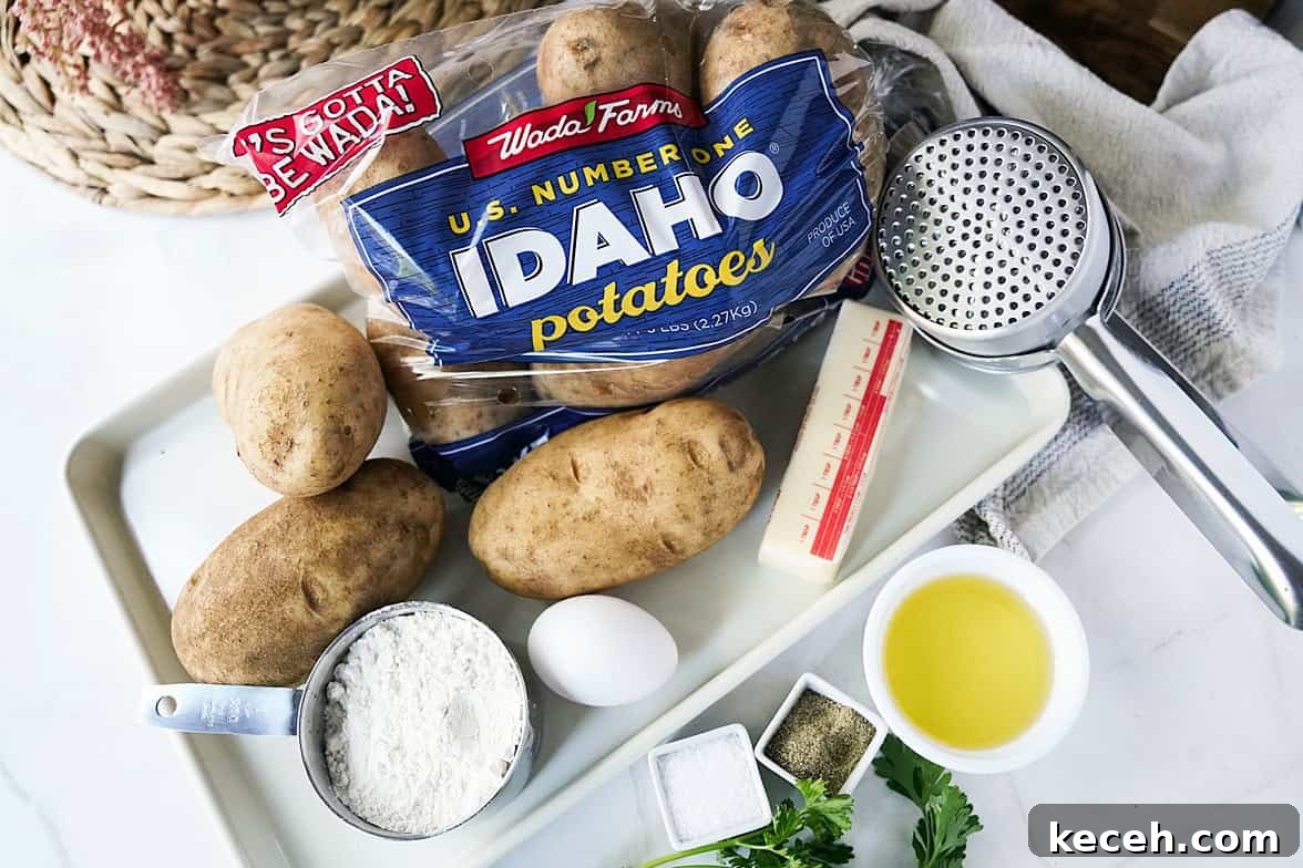 Pillowy Homemade Potato Gnocchi: Classic Italian Comfort Food 4 overhead shot of ingredients to make potato gnocchi recipe: wada farms Idaho potatoes, flour, egg, salt, butter, pepper, olive oil and a potato ricer