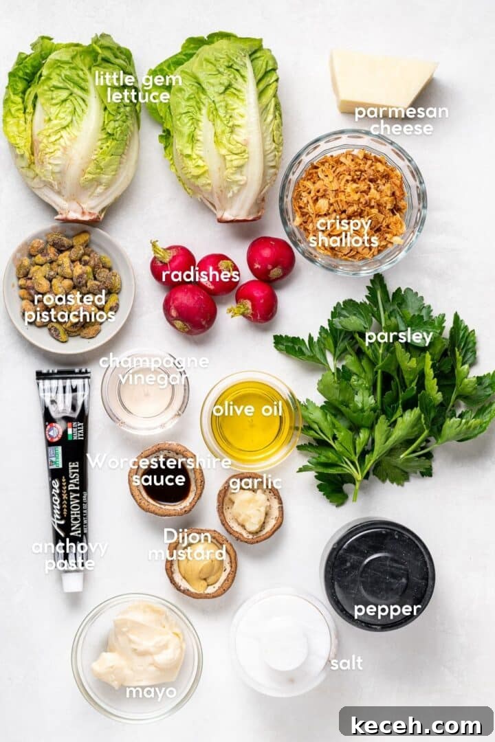 labeled ingredients for little gem salad recipe including little gem lettuce, parmesan, crispy shallots, radishes, pistachios, and Caesar vinaigrette ingredients